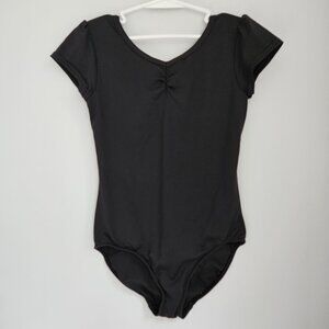 Danskin Black Stretch Dance Ballet One Piece Leotard Cap Sleeve Body Suit M(7-8)